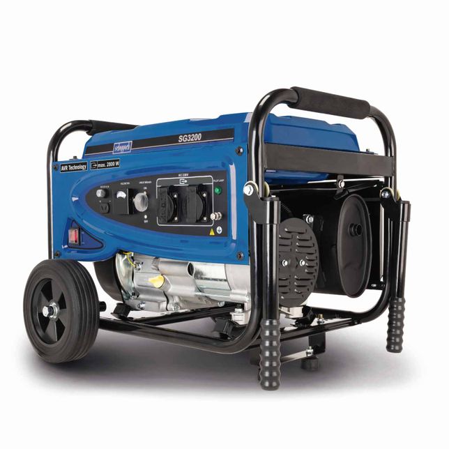 Scheppach SG3200 petrol generator with AVR technology, max. 2800 W, featuring wheels and handles for easy transport.